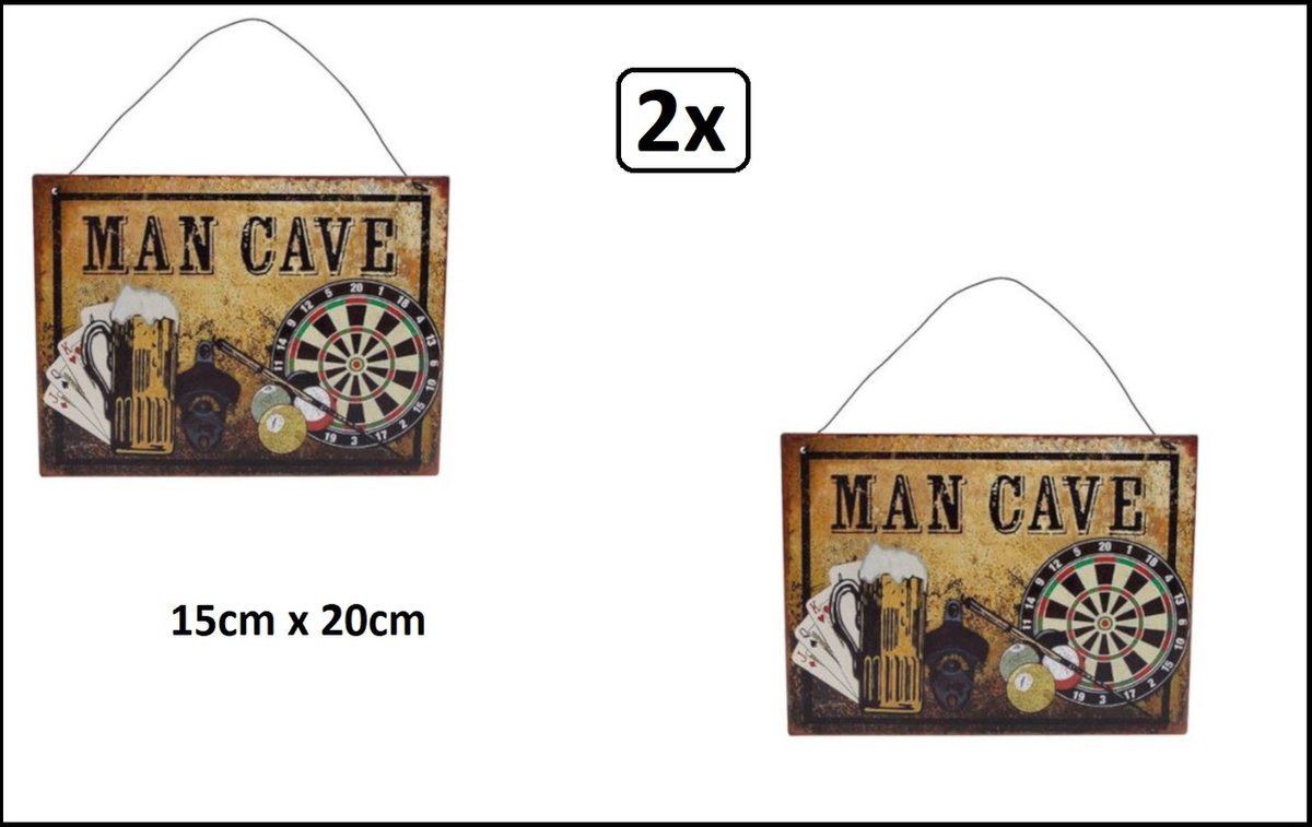 2x Wandbord Man Cave 20cm x 15cm metaal - Mancave decoratie wand muur speel honk