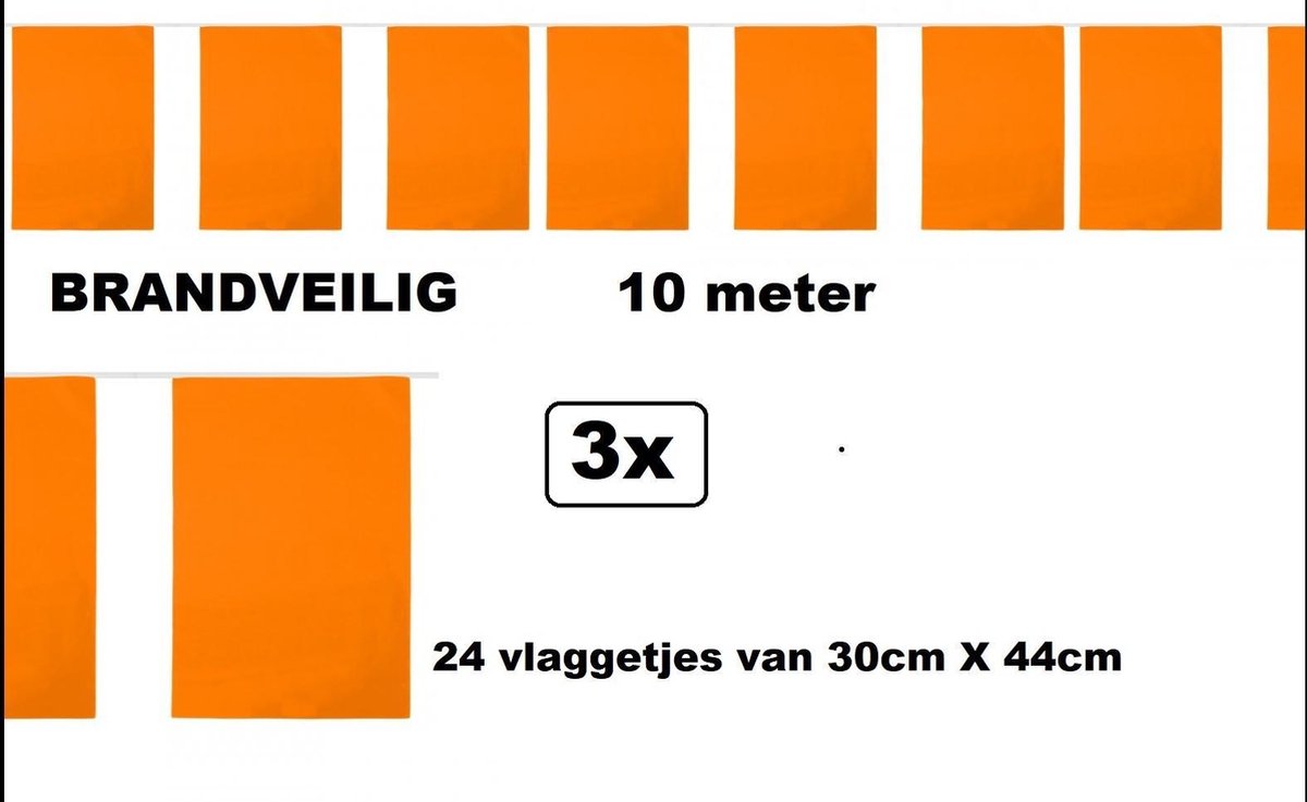 3x Vlaggenlijn rechthoek oranje 10meter BRANDVEILIG - EK Holland BRANDVEILIG - Nederland voetbal sport festival binnen cafe BRANDVEILIG