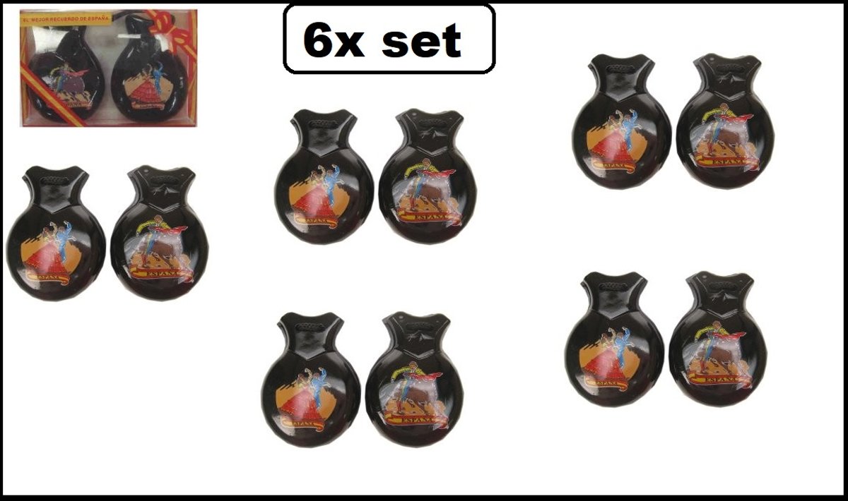 6x Set Castagnetten zwart met print - spaans castagnet dans zingen feest thema landen festival party