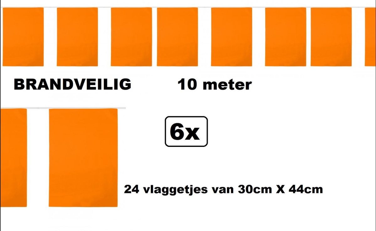 6x Vlaggenlijn rechthoek oranje 10meter BRANDVEILIG - EK Holland BRANDVEILIG - Nederland voetbal sport festival binnen cafe BRANDVEILIG