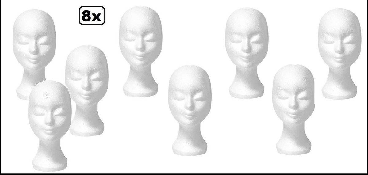 8x Pruiken houder tempex wit (styropor) - pruik hoofd thema feest festival schuim masker hoed