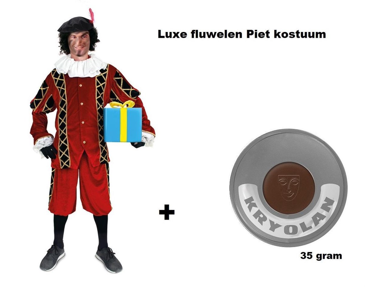 Luxe Piet pak rood/zwart fluweel maat M + GRATIS PROFESSIONELE SCHMINK - Sinterklaas thema feest kostuum Sint fluwelen pietenpak goud zwart  festival
