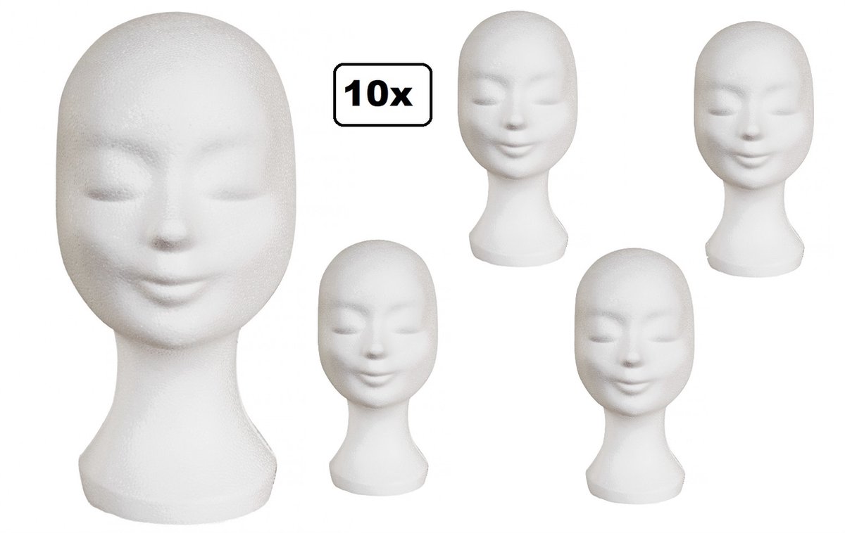   - 10x Pruikenhouder tempex wit (styropor) - pruik hoofd thema feest festival schuim masker hoed