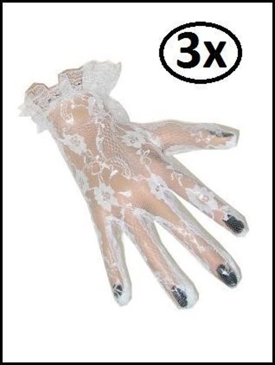 3x Kanten handschoenen kort wit