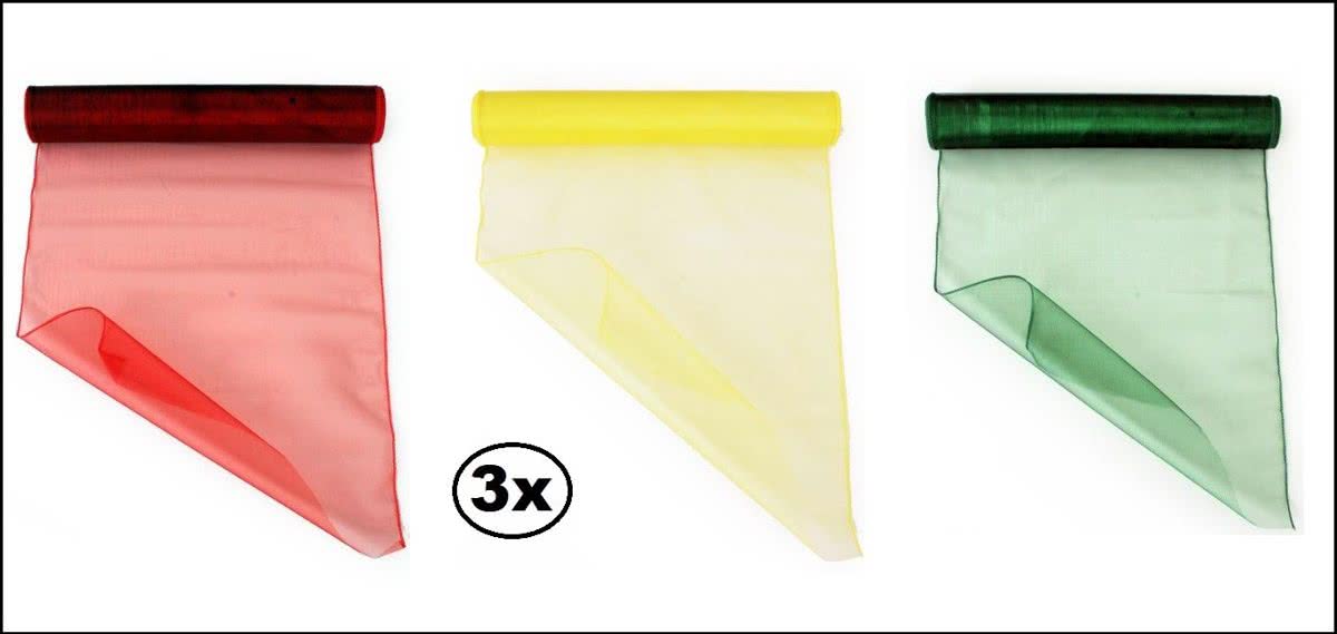 3x Organza rood/geel/groen 32 cm x 9 meter