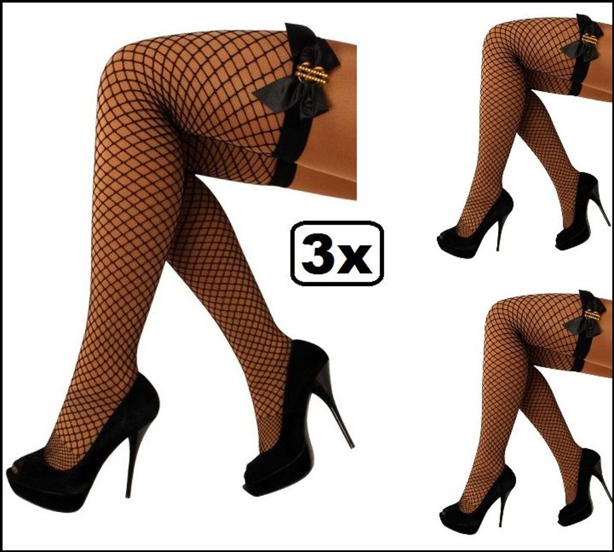 3x Zwarte netkousen strik $ teken