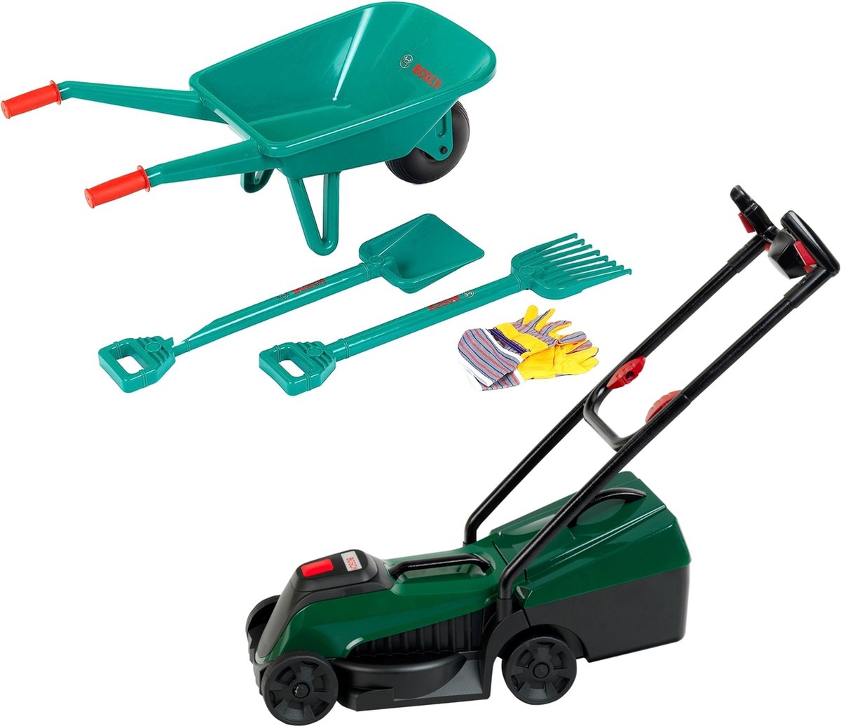 Set van 2 Theo Klein artikelen - Bosch tuinset met 4-delige kruiwagen en Bosch Rotak grasmaaier met licht en geluid