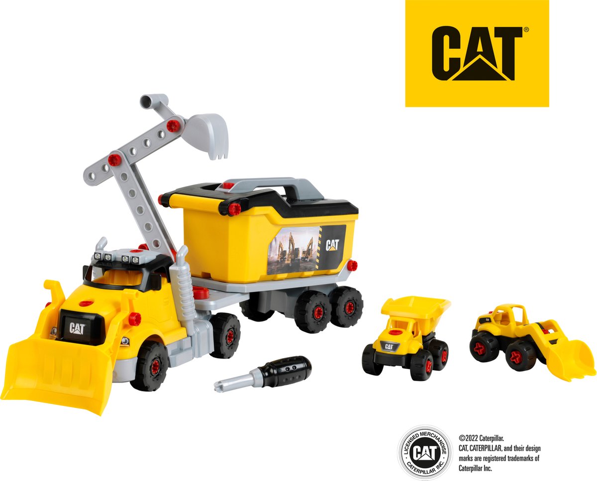   3252 Cat® - Schroeftruck 4 in 1 - Bouwspeelgoed met gereedschapskist - Incl. graafmachine en kiepwagen