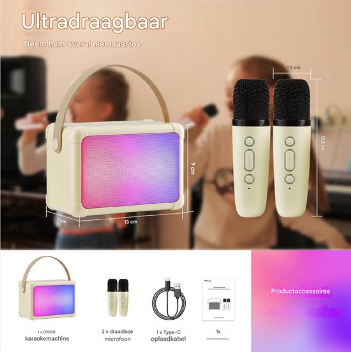 Thuys – Karaoke Machine – Met 2 Microfoons Mini Bluetooth Karaoke Systeem – Beige