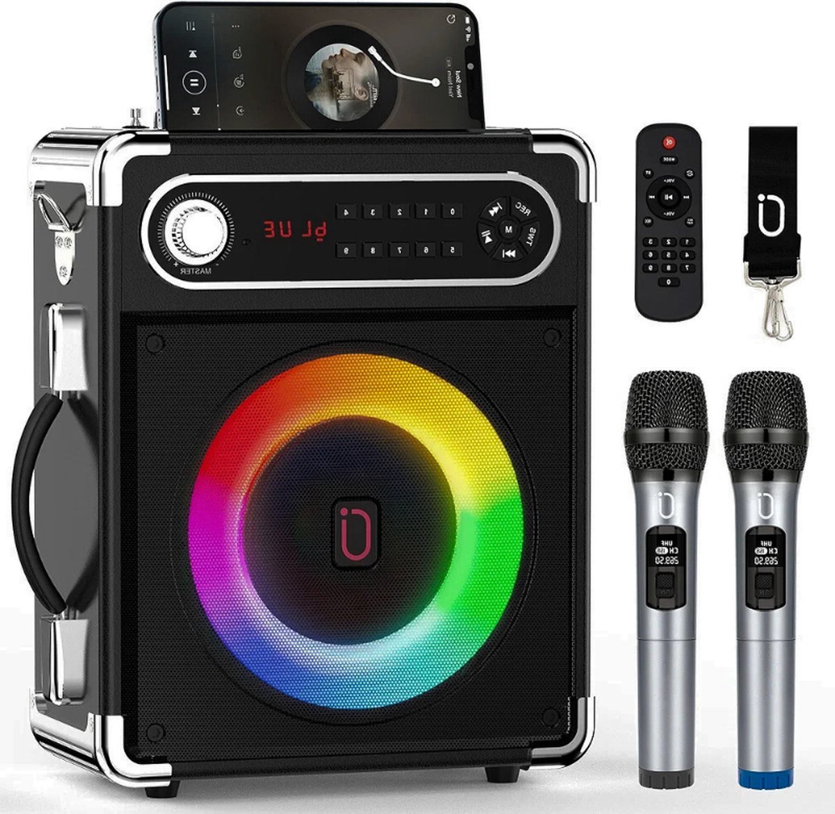 Thuys – Karaokemachine – Met Twee Draadloze Microfoons – Draagbare Bluetooth Luidspreker – Zwart