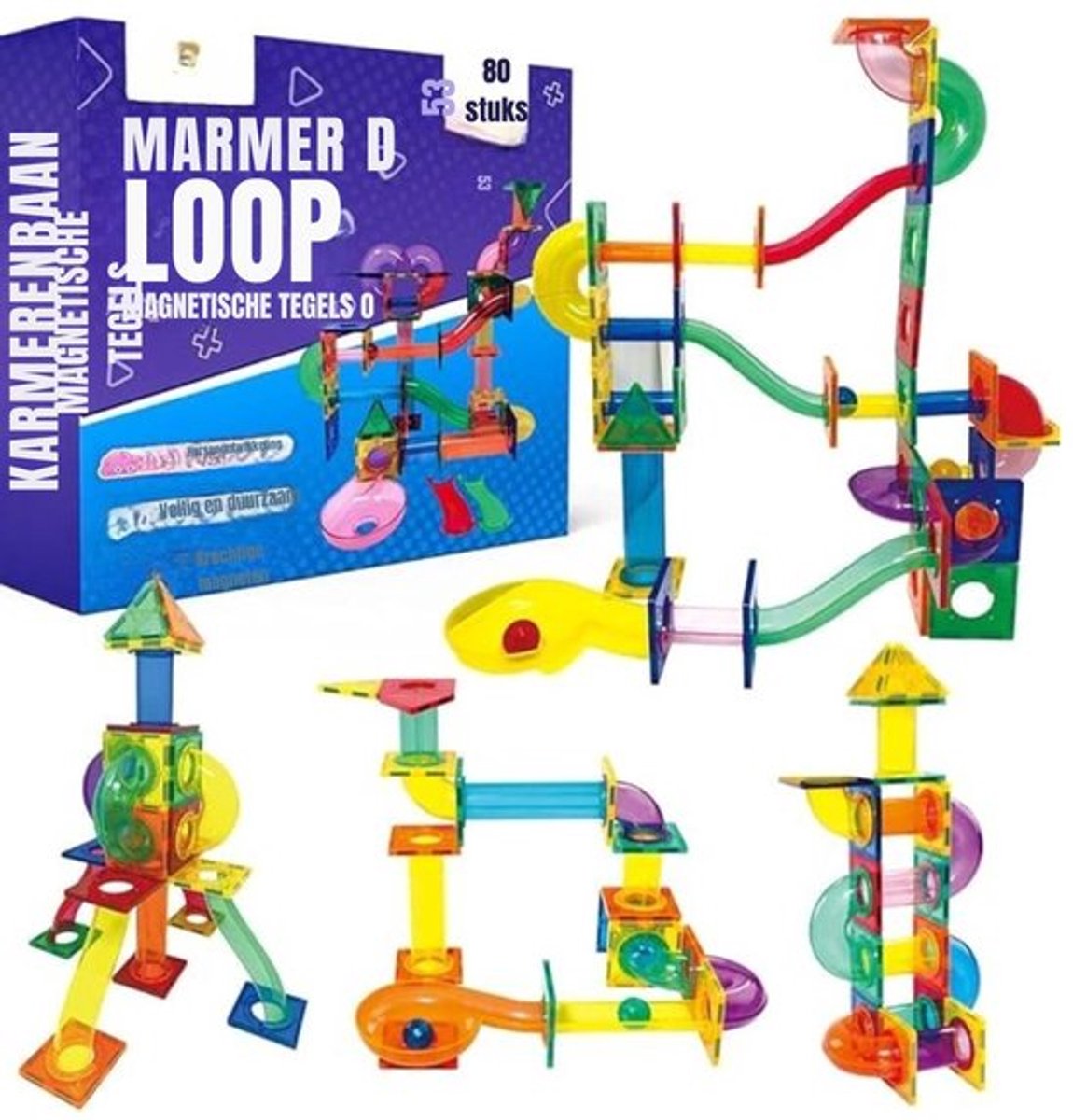 Thuys – Magnetische Knikkerbaan – Magnetic Tiles – Speelgoed – 80 Stuk – 36 x 31 x 9cm – Veelkleurig