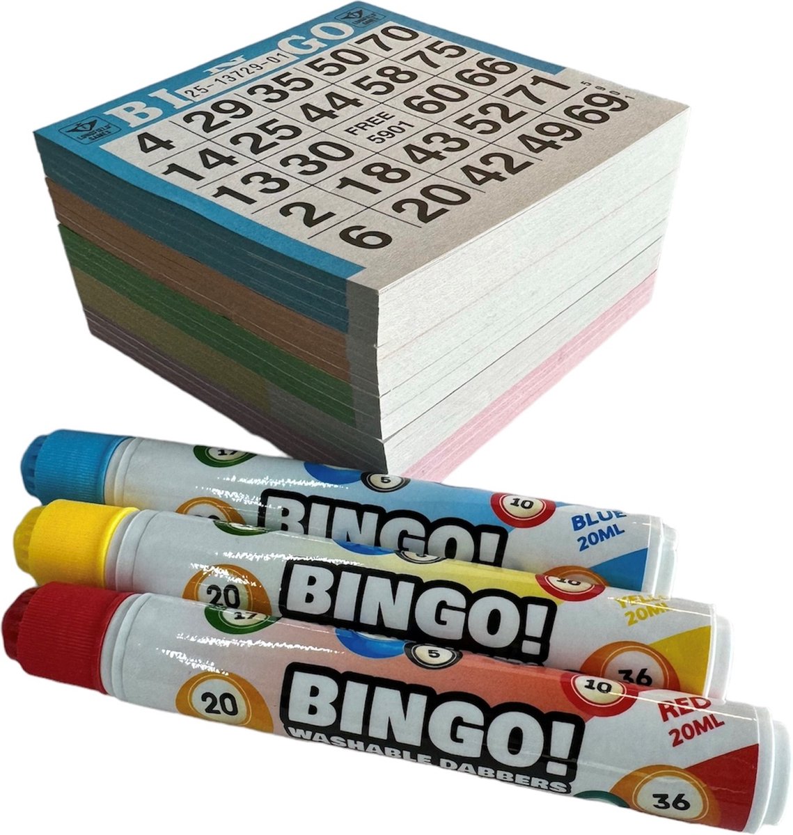 Bingokaarten en Bingostiften set - 5x 100 verschillende kleuren Bingoblok 1-75 - 3x Bingo dabbers