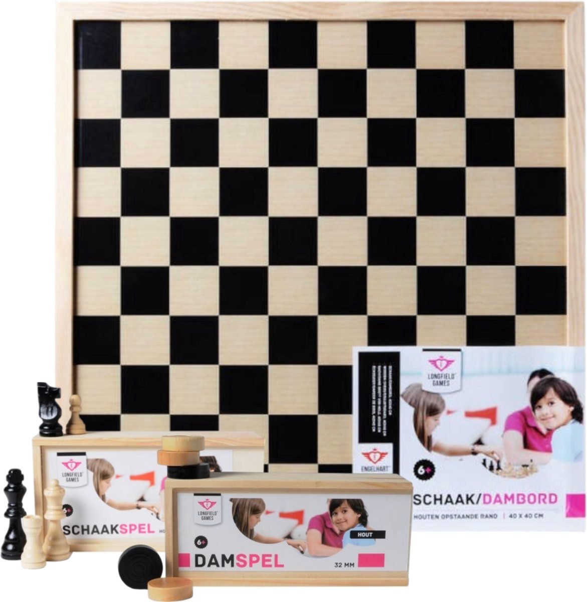 Houten dam- en schaakbord met schaakstukken en damstenen - compleet inclusief houten opberg kistjes