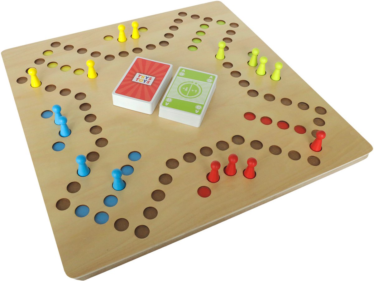 Keezen Keezenspel Hout Deluxe - Houten bordspel dubbelzijdig - 2 tot 6 spelers - 40 x 40 cm - met echte Keezen Speelkaarten