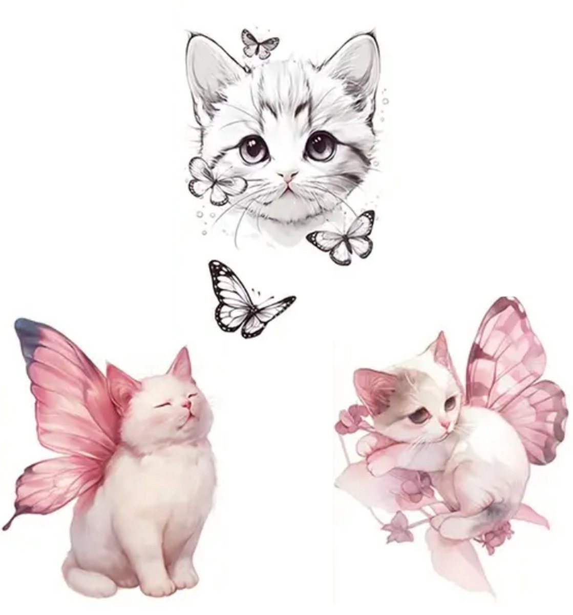 3x Katten tattoos - kat met vlindervleugels tijdelijke tattoo - butterfly cat temporary tattoos - neptattoo plaktattoo tatoeage vrouwen
