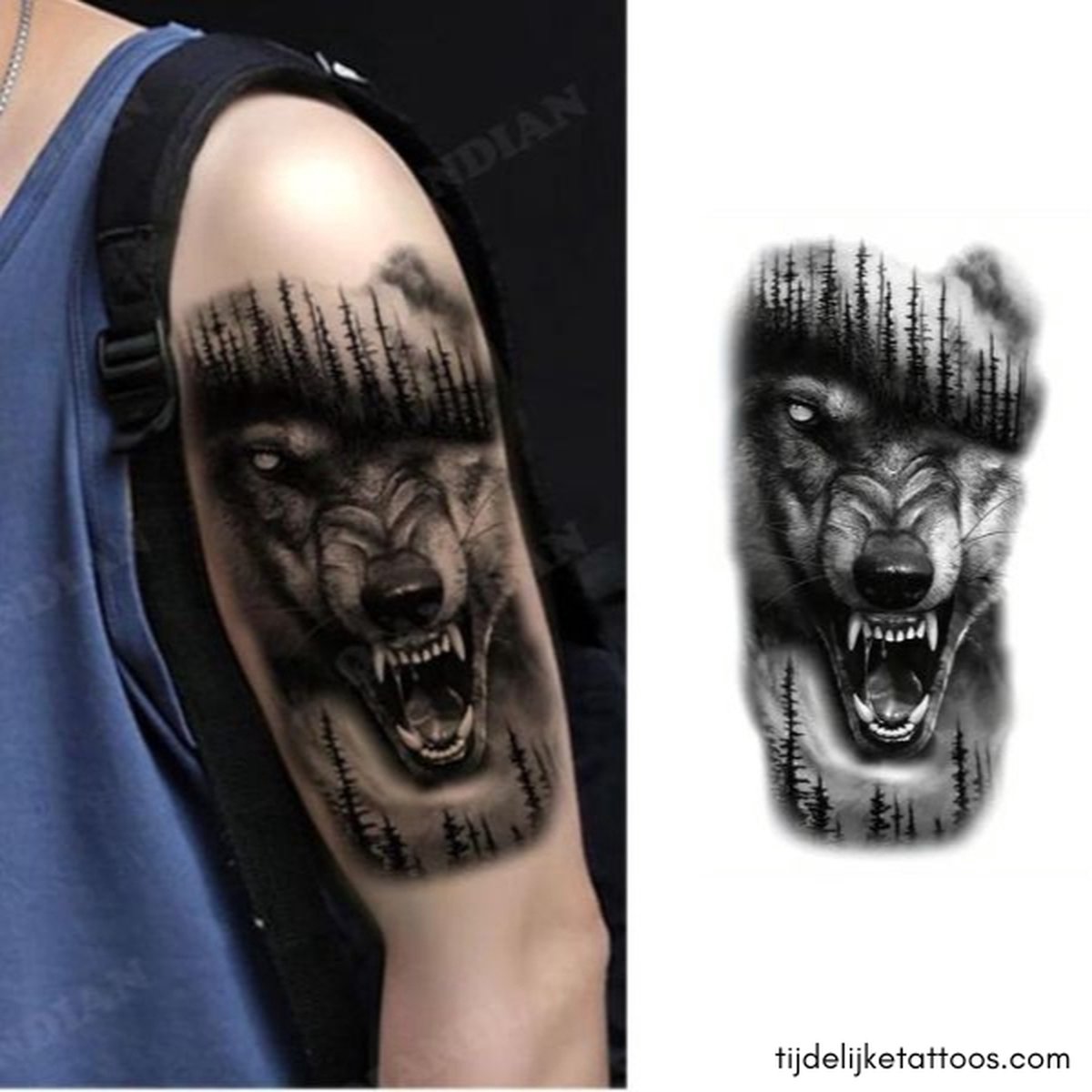 Angstaanjagende grommende wolf kop - neptattoo volwassenen - tijdelijke tattoo - plak tattoo vrouwen - henna tattoo - temporary tattoo - verwijderbare tatoeages - nep fake tattoos