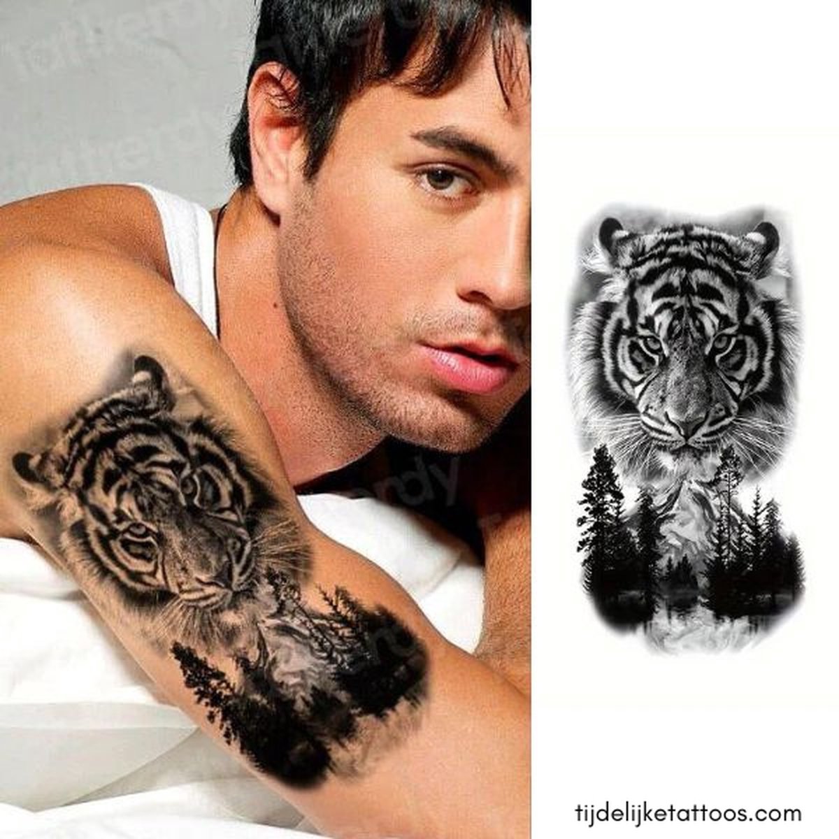 Bengaalse tijger kop in de wildernis sleeve tattoo - neptattoo volwassenen - tijdelijke tattoo - plak tattoo vrouwen - temporary tattoo - nep fake tattoos