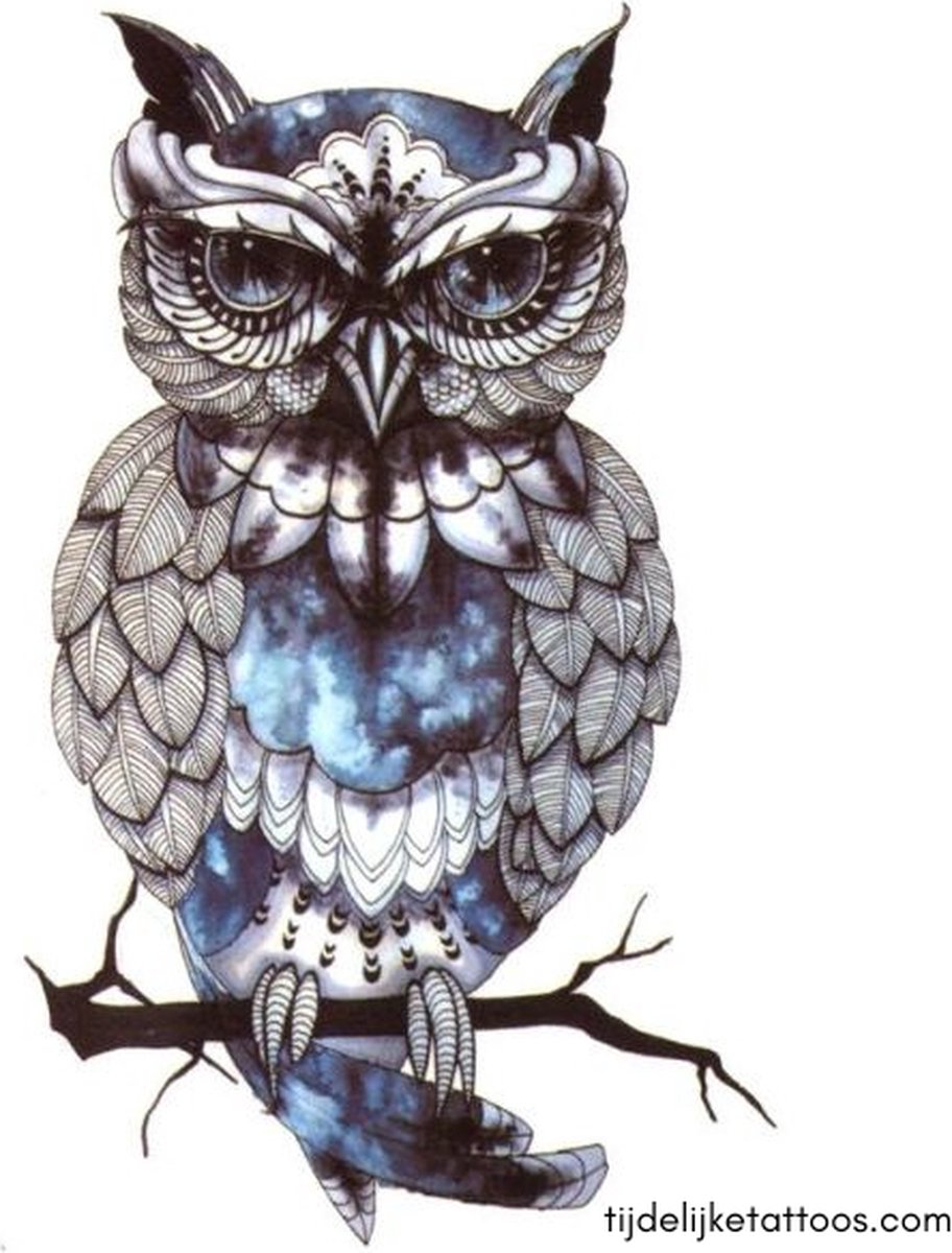 Mysterieuze wijze zwart blauwe uil - neptattoo volwassenen - tijdelijke tattoo - plak tattoo