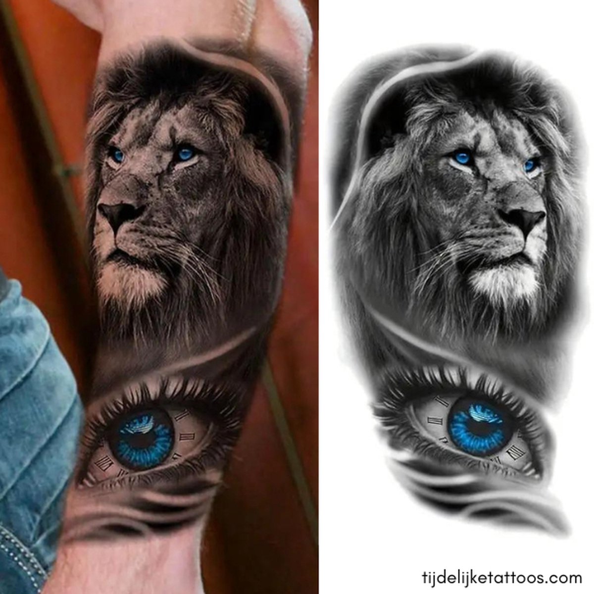 Prachtige Leeuw met felle blauwe ogen - tijdelijke tattoo – neptattoo volwassenen - plak tattoo- temporary tattoo - festival tattoo sleeve