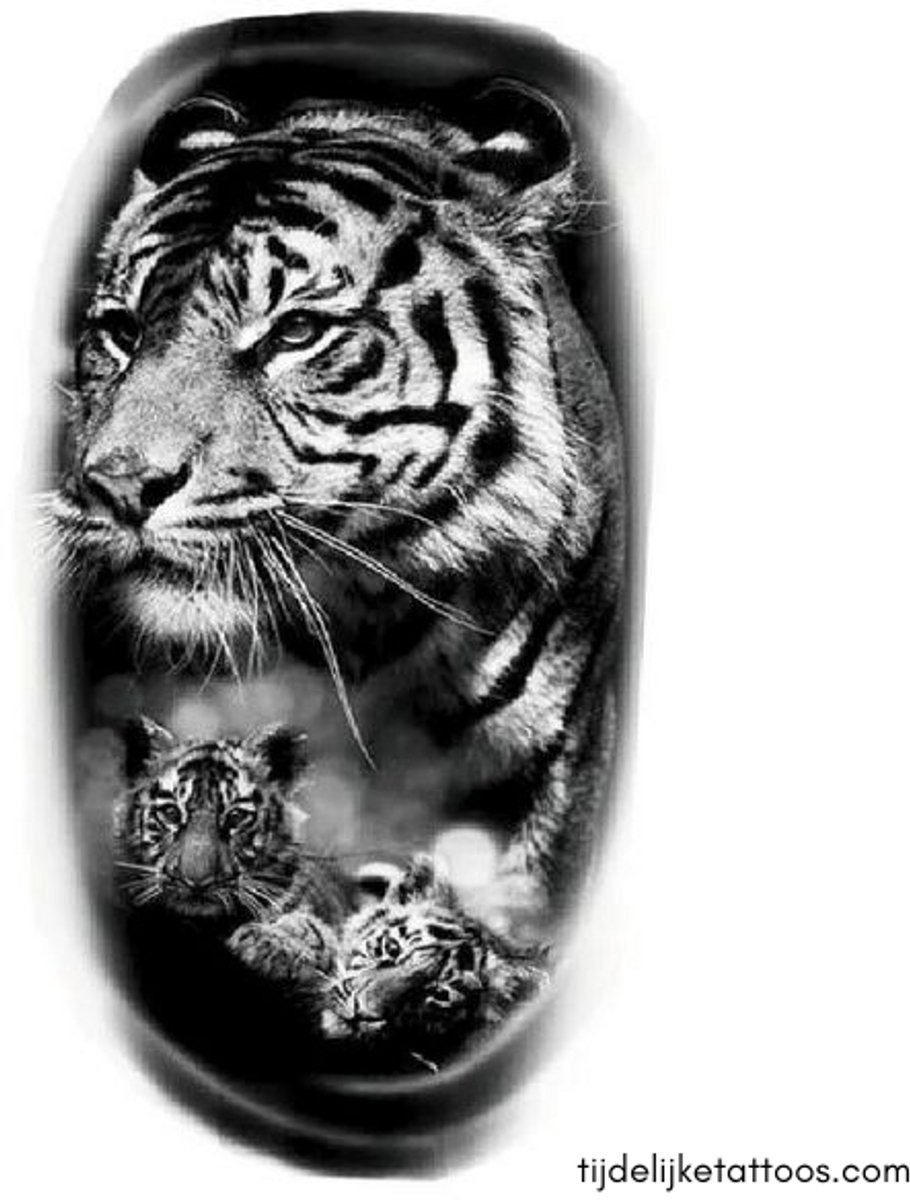 Tijdelijke Tattoo Bengaalse Tijger met 2 Welpen – Grote Nep Tattoo voor Volwassenen – PlakTattoo 20,3 x 11,5 cm