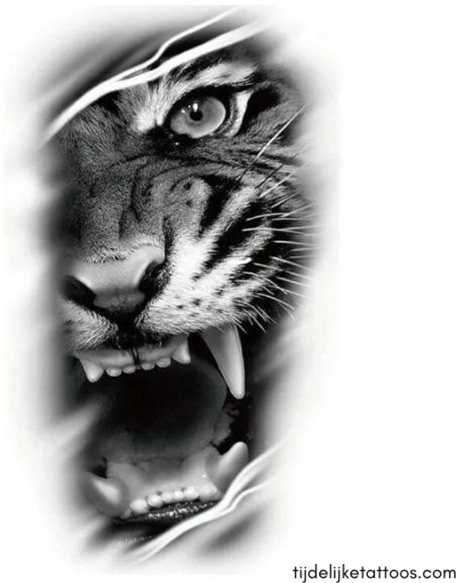 Tijdelijke Tattoo Brullende Tijgerkop – Stoere Nep Tattoo voor Volwassenen – 20,4 x 11 cm – Zwart-wit Sleeve Plaktattoo