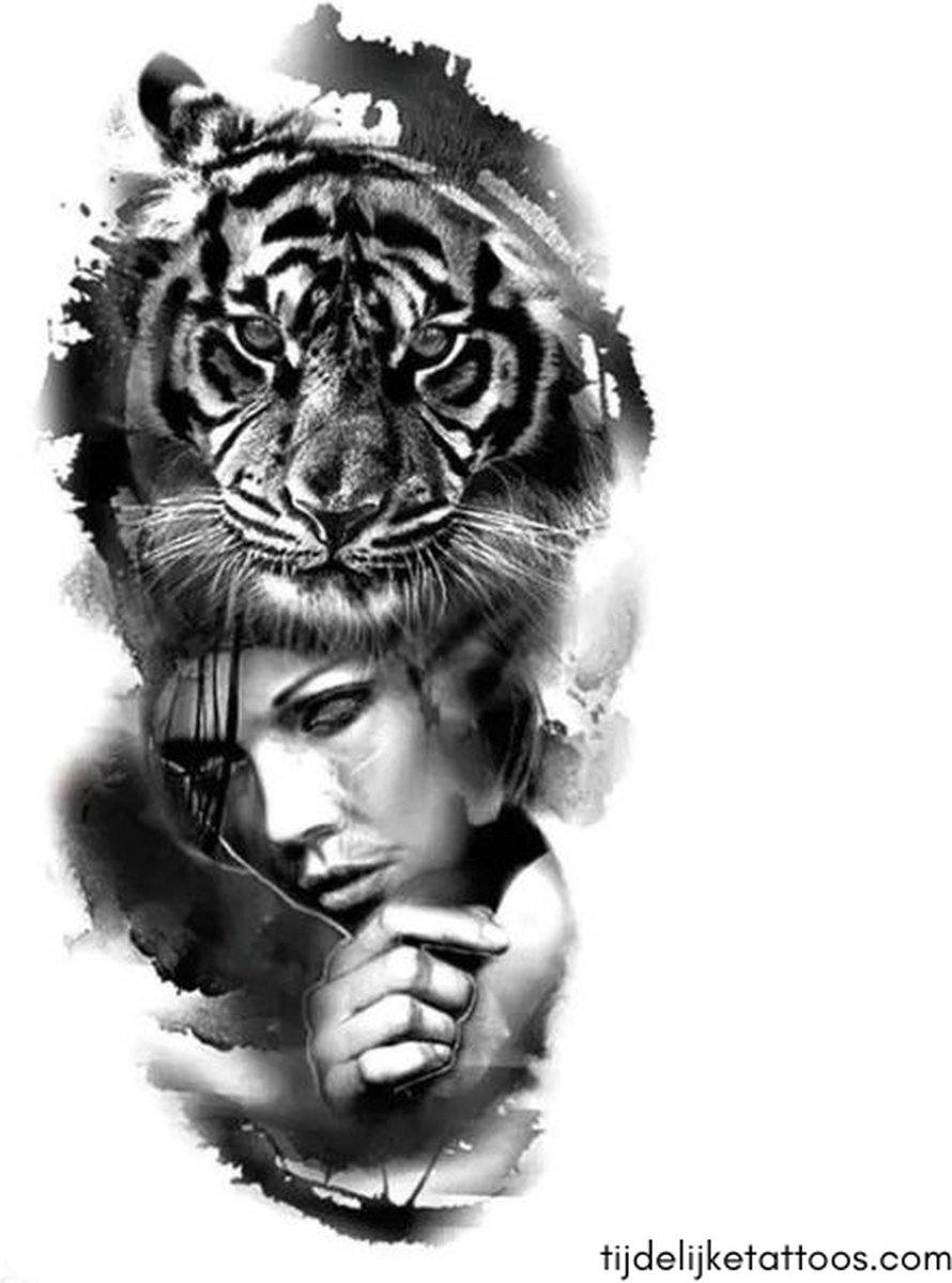 Vrouw en tijger tattoo sleeve - neptattoo volwassenen - tijdelijke tattoo - plak tattoos