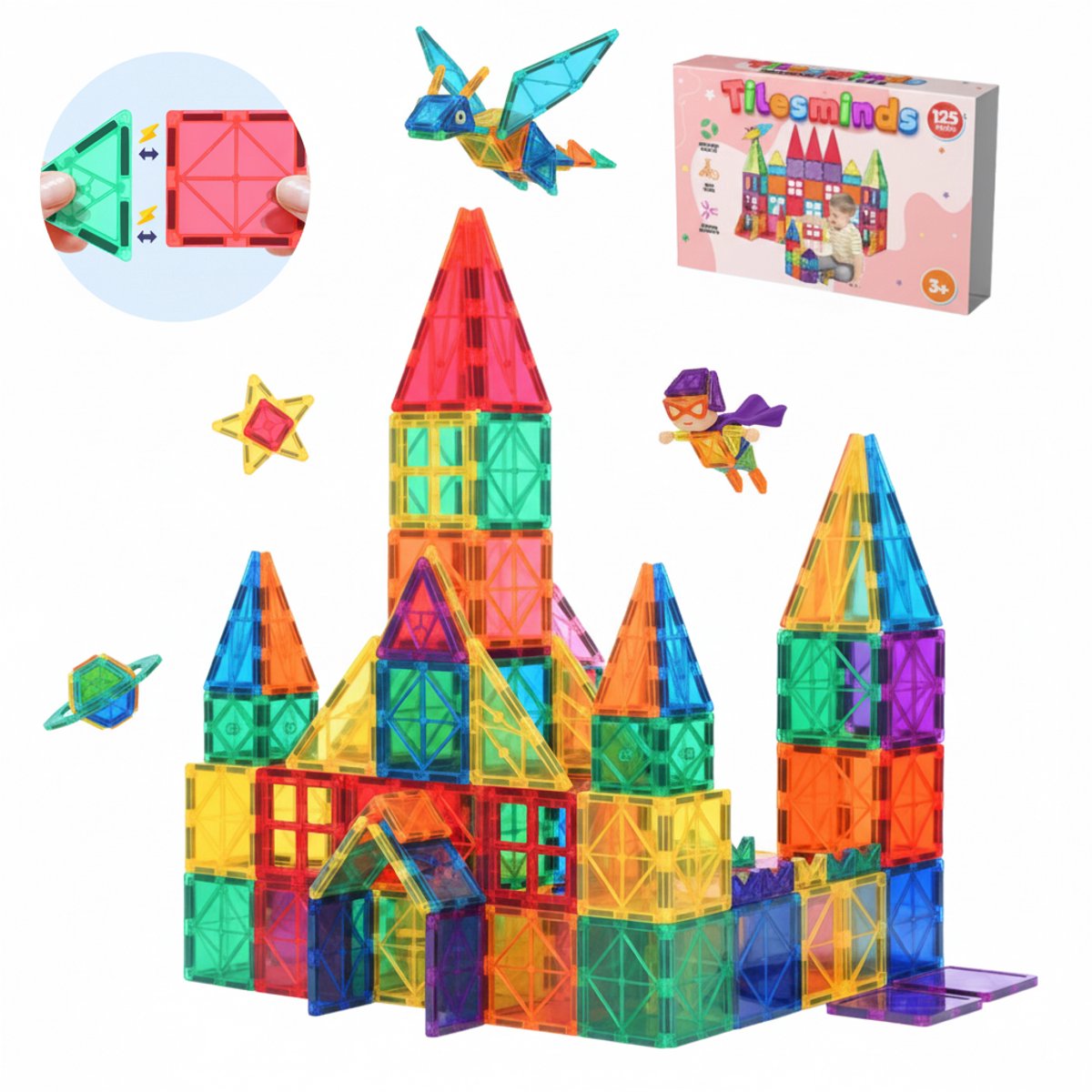 TilesMinds® - Magnetic Tiles - Magnetisch Speelgoed - 125 stuks - Montessori Speelgoed - Magnetische Tegels - Bouwblokken - Constructie Speelgoed - Kinderen 3-12 Jaar