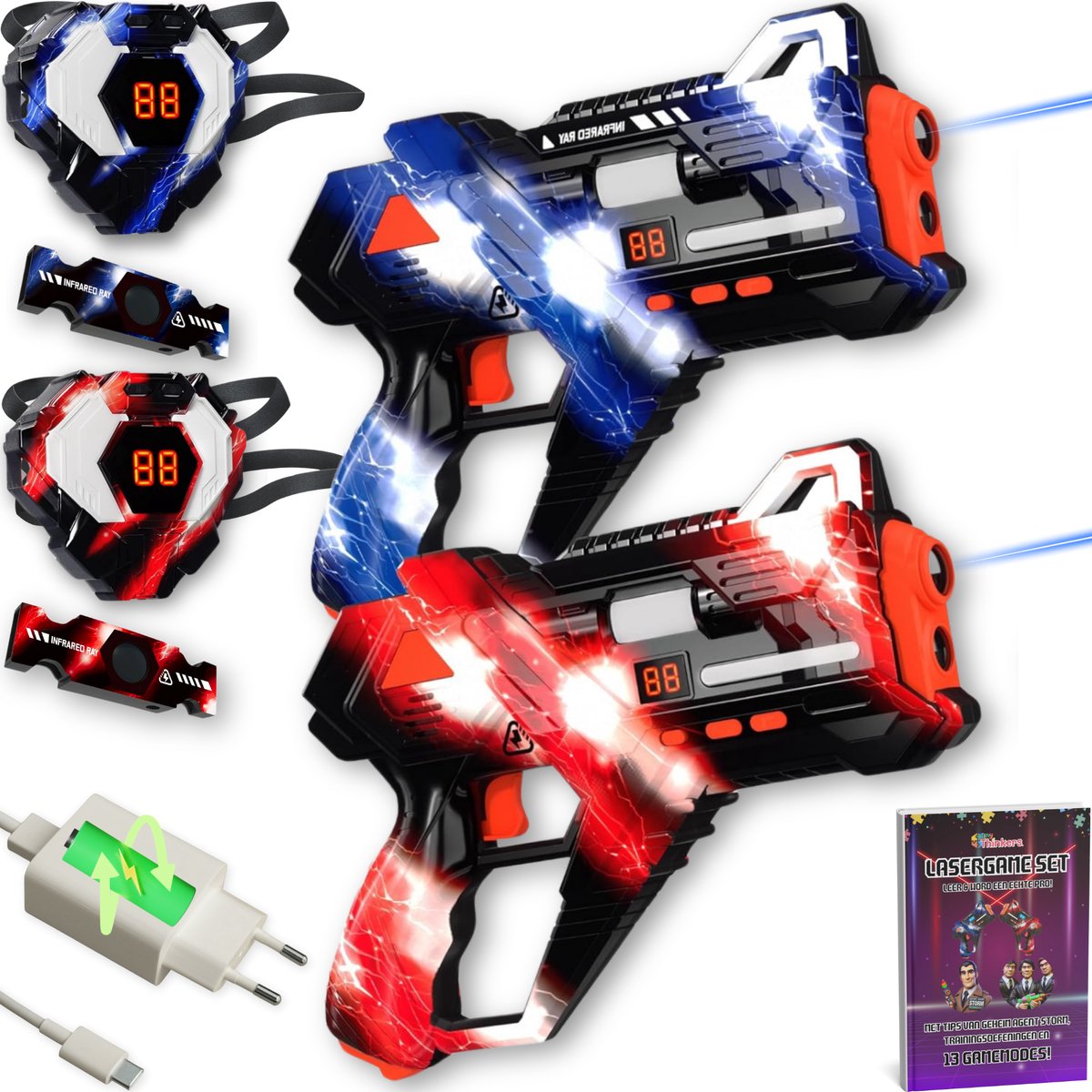 Oplaadbare Lasergame set voor Kinderen + Educatief Boekje - 360° sensoren - Oplaadbaar - 2 Persoons Laser Tag Set met 2 Blasters en Vesten