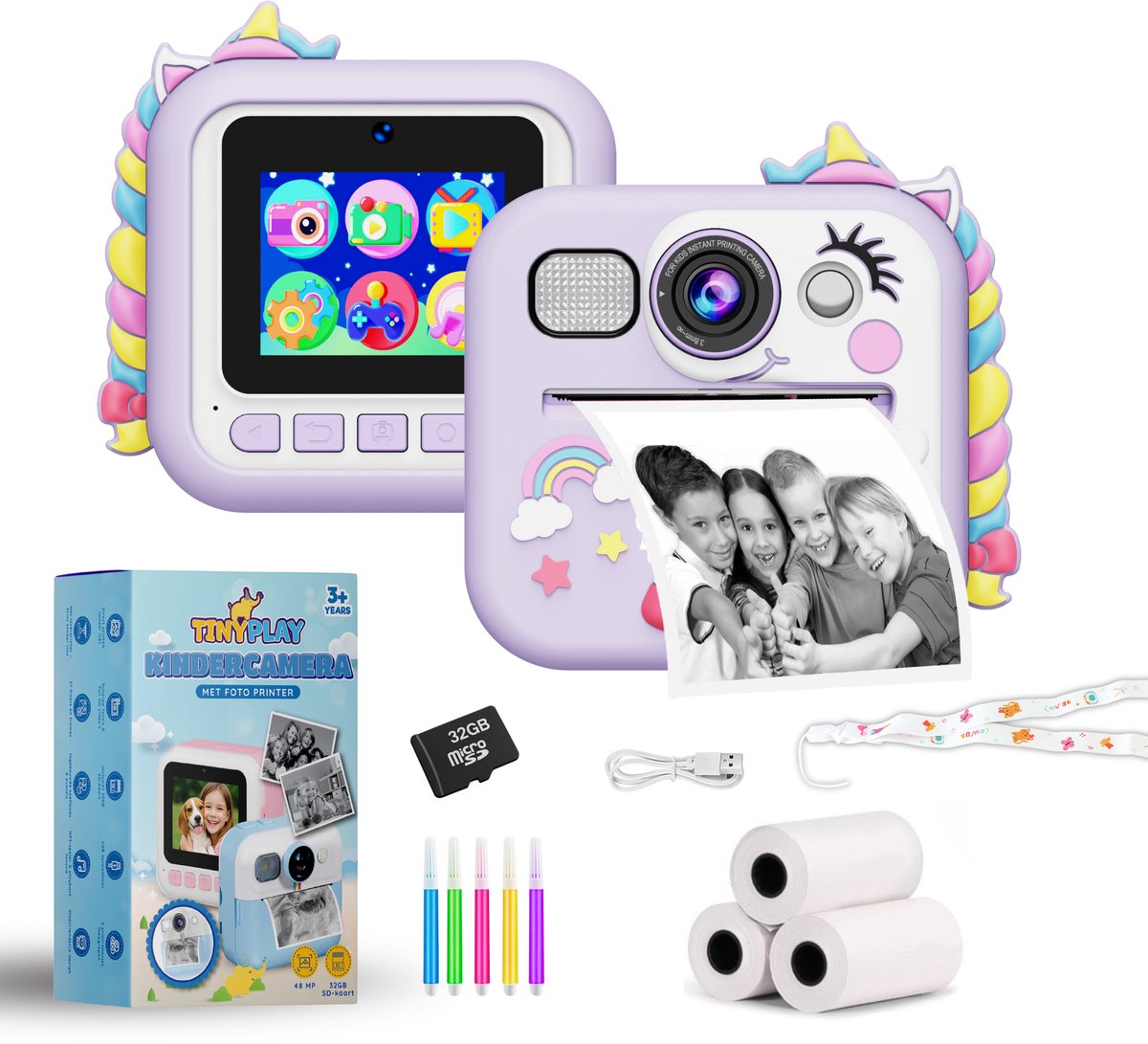   Kindercamera met foto printer - 48MP - Siliconen Hoes - Digitale Camera Kinderen - 32GB SD kaart - Full HD Foto en Video - Fotoprinter - Kinder camera - Digitale kindercamera - Paars