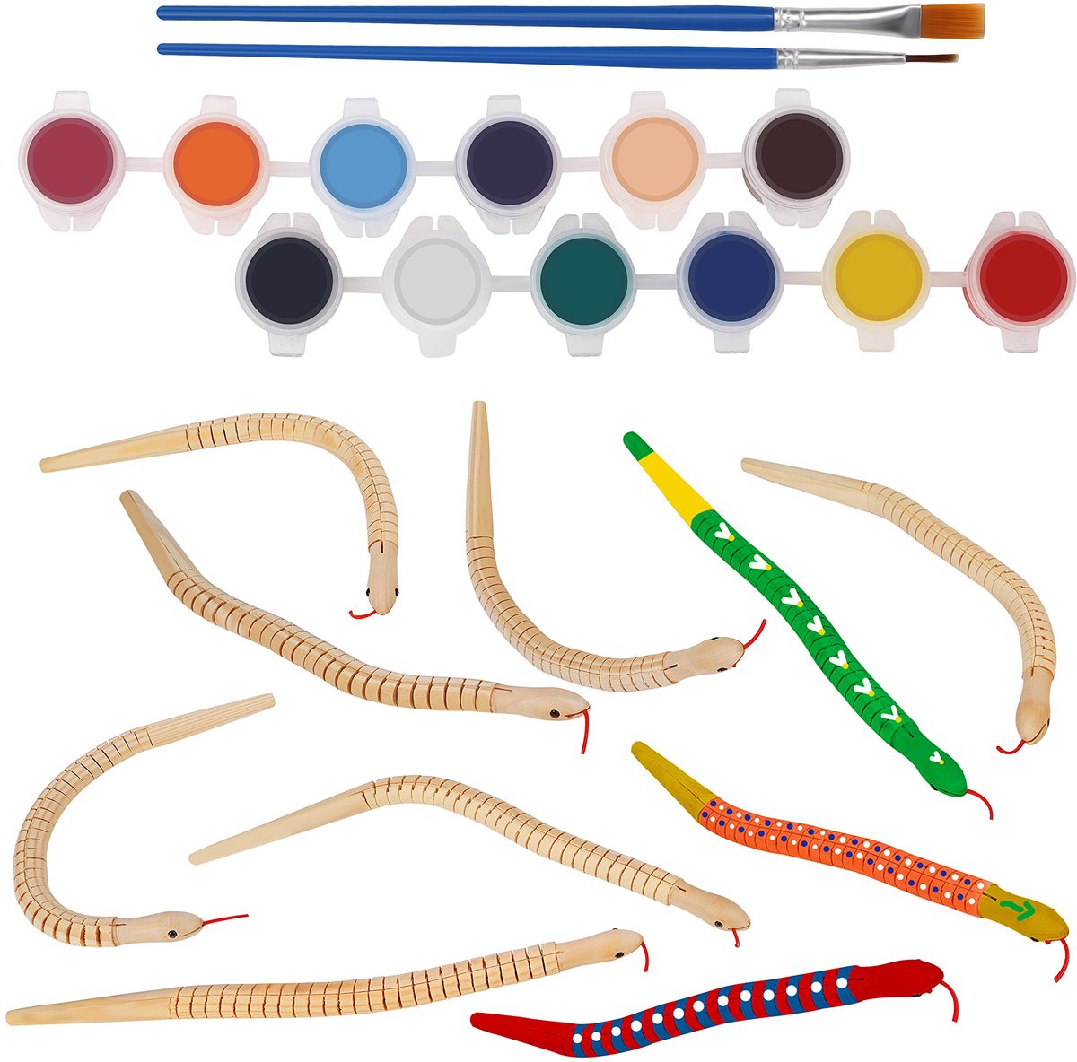 Belle Vous Onbewerkt Houten Slangen Speelgoed (10 Pak) – Blank Canvas Wiebelende Slang met Verf en Kwastjes – Verbonden Flexibele Speeltjes Voor Halloween/ Kinderverjaardag, Goodiebag, Dieren Kunst