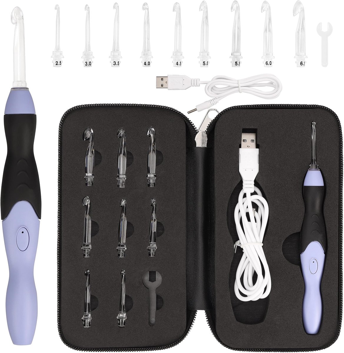 Curtzy 13-Delige LED Oplichtende Haaknaalden Set - Ergonomische Uitwisselbare Haak Naalden in 9 Maten met LED Oplicht Optie - Beginnende Haker