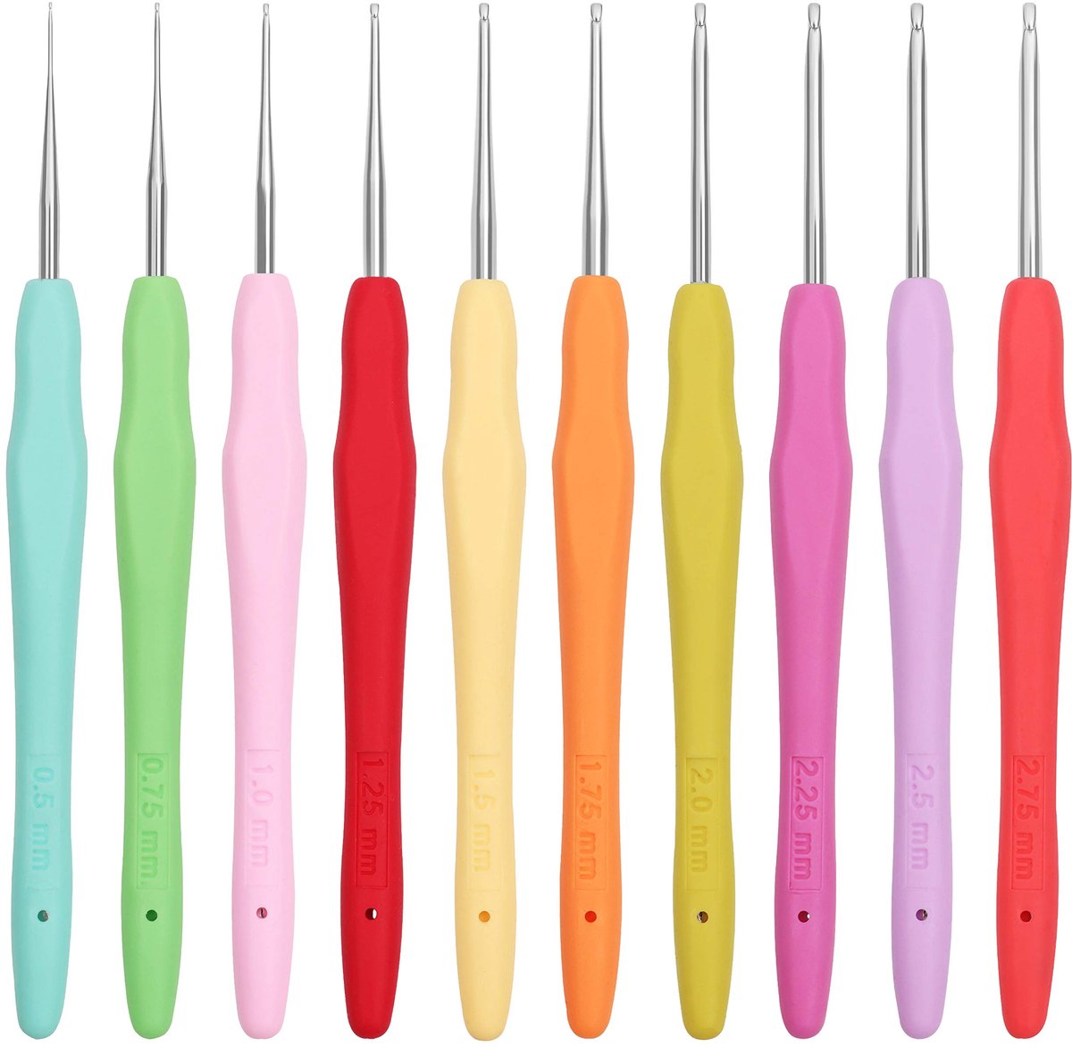 Curtzy Ergonomische Aluminium Haak Naalden (10 Maten) – Haken Meten 13cm – Maten van 0,5 tot 2,75mm – Multigekleurd Zacht Rubberen Handvatten Haaknaalden Voor Haak Projecten – Beginners tot Experts