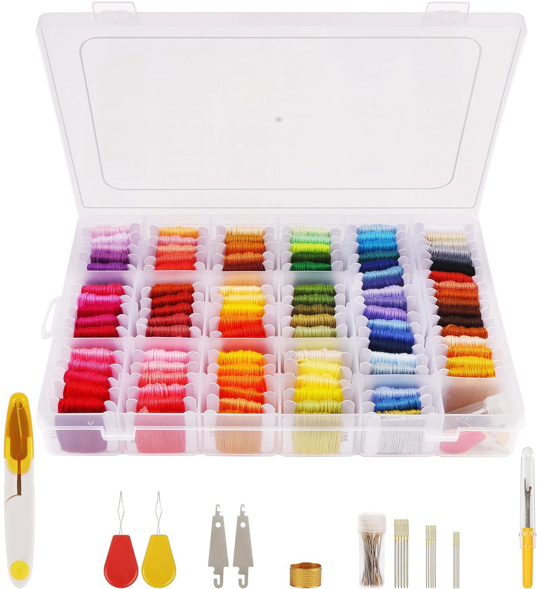 Handi Stitch 148 x Borduur Klosjes Set - Kruissteek Gereedschapsset met Transparant Plastic Opslag Doos - 110 Stuks Klosjes - Garen op Papieren Klosjes voor Vriendschap Armbandjes & DIY Kunst/Hobby