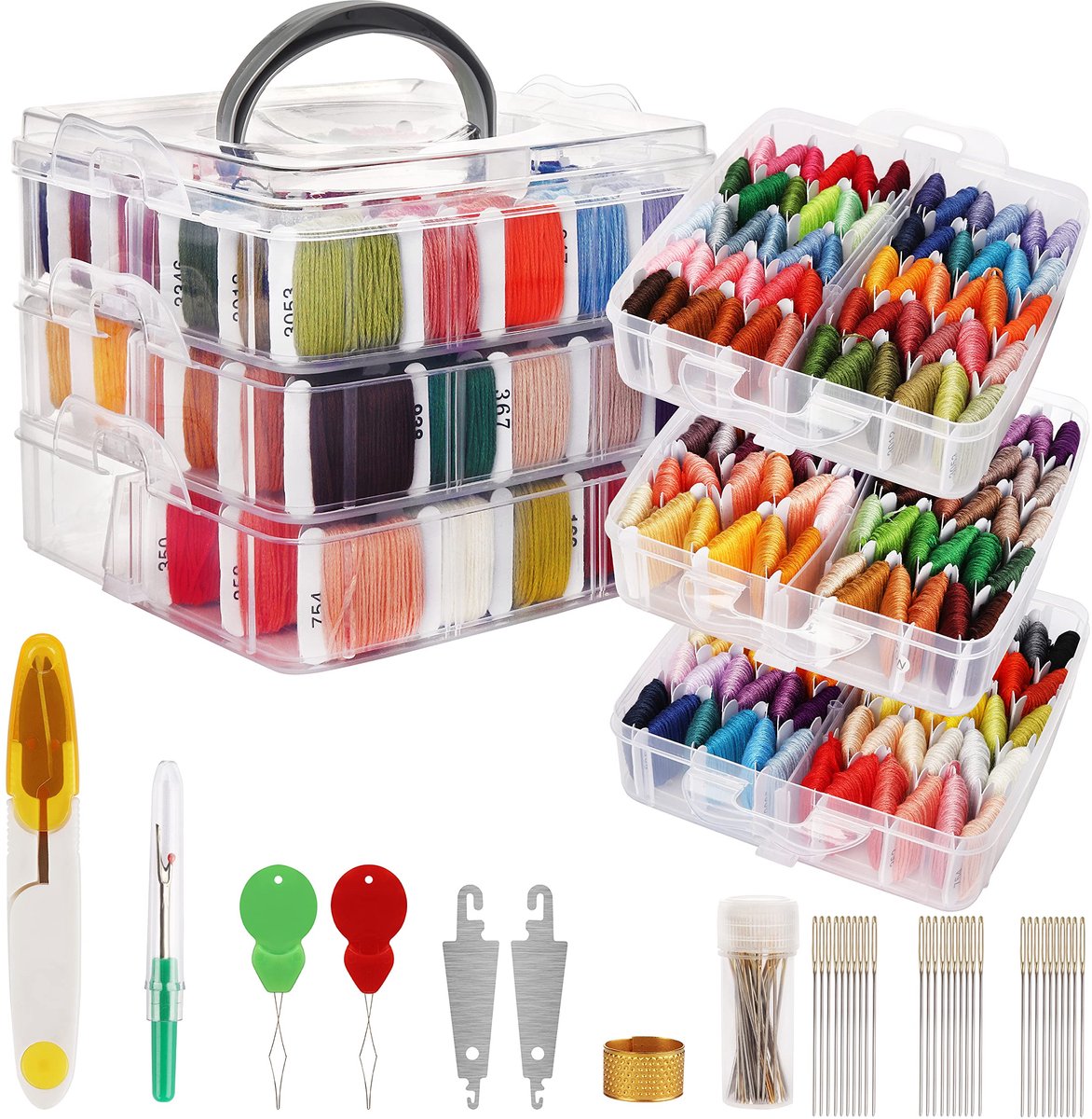 Handi Stitch Borduurgaren Set - (187 Stuks) - Kruissteek Garenset met 3 Etages Transparante Opbergdoos - 150 Gekleurde Strengen - Draden op Papieren Klossen voor Vriendschapsarmbanden & Handwerken