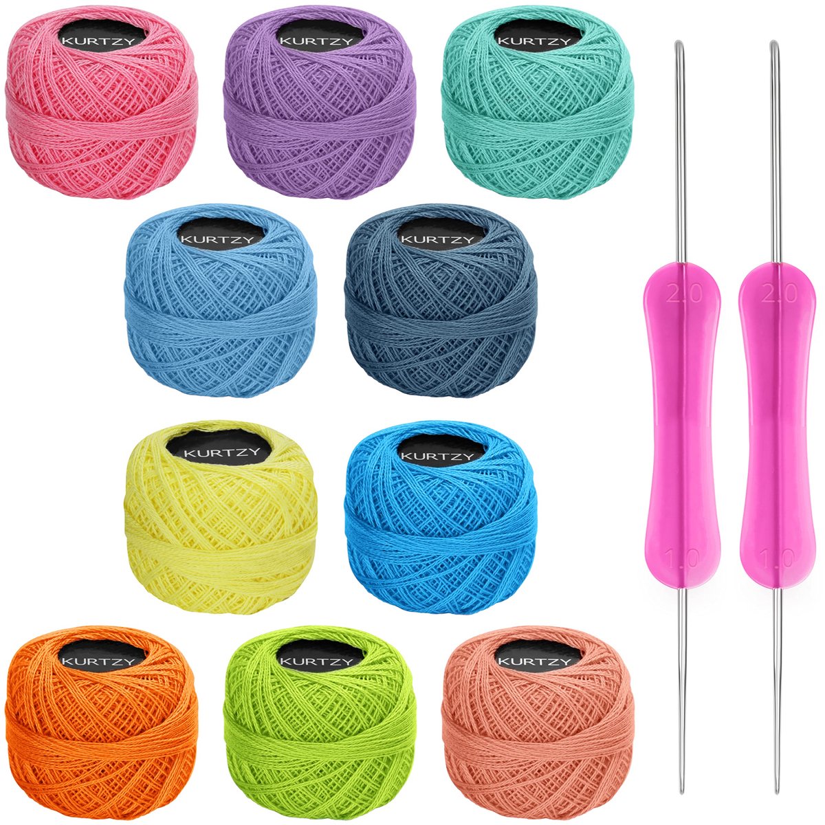 Kurtzy 10 Pak Pastelkleur Haak Garen - 2 Haaknaalden Inbegrepen (1 mm & 2 mm) - Elke Draadbal Weegt 20 g - Totaal Meer dan 1500 m Gekleurd Katoenen Garen voor Haken, Borduren of Naaien