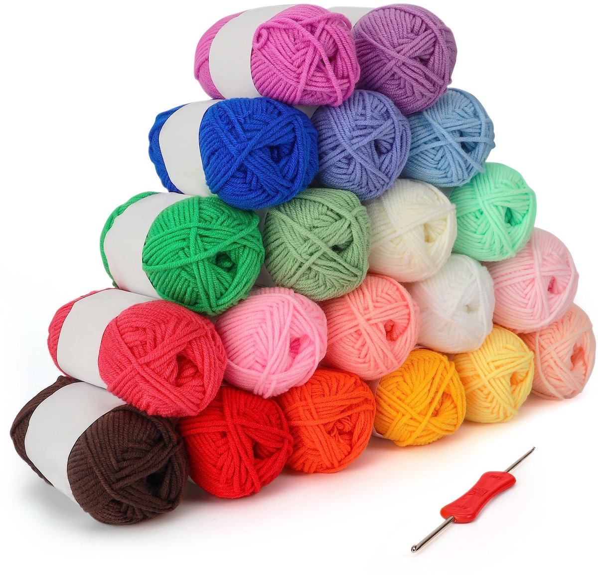Kurtzy 20 Pak Kleurrijke Garen Ballen - 3 mm Haaknaald Inbegrepen - Elke Draadbal Weegt 25 gr. - Totaal 1000 m Gekleurd Zacht Katoenen Garen