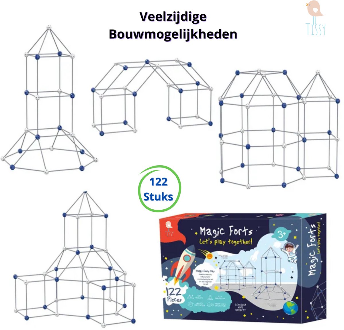 Tissy® - Bouw je Eigen Fort - Premium Kwaliteit -Constructie Speelgoed - Bouwset Hut - Bouwpakket Tent - 122 stuks - Bouw je Eigen Tent - Bouwset - Hutten Bouwen - Montessori - Geschikt voor binnen en buiten - Leerzaam - Cadeau - Speelgoed