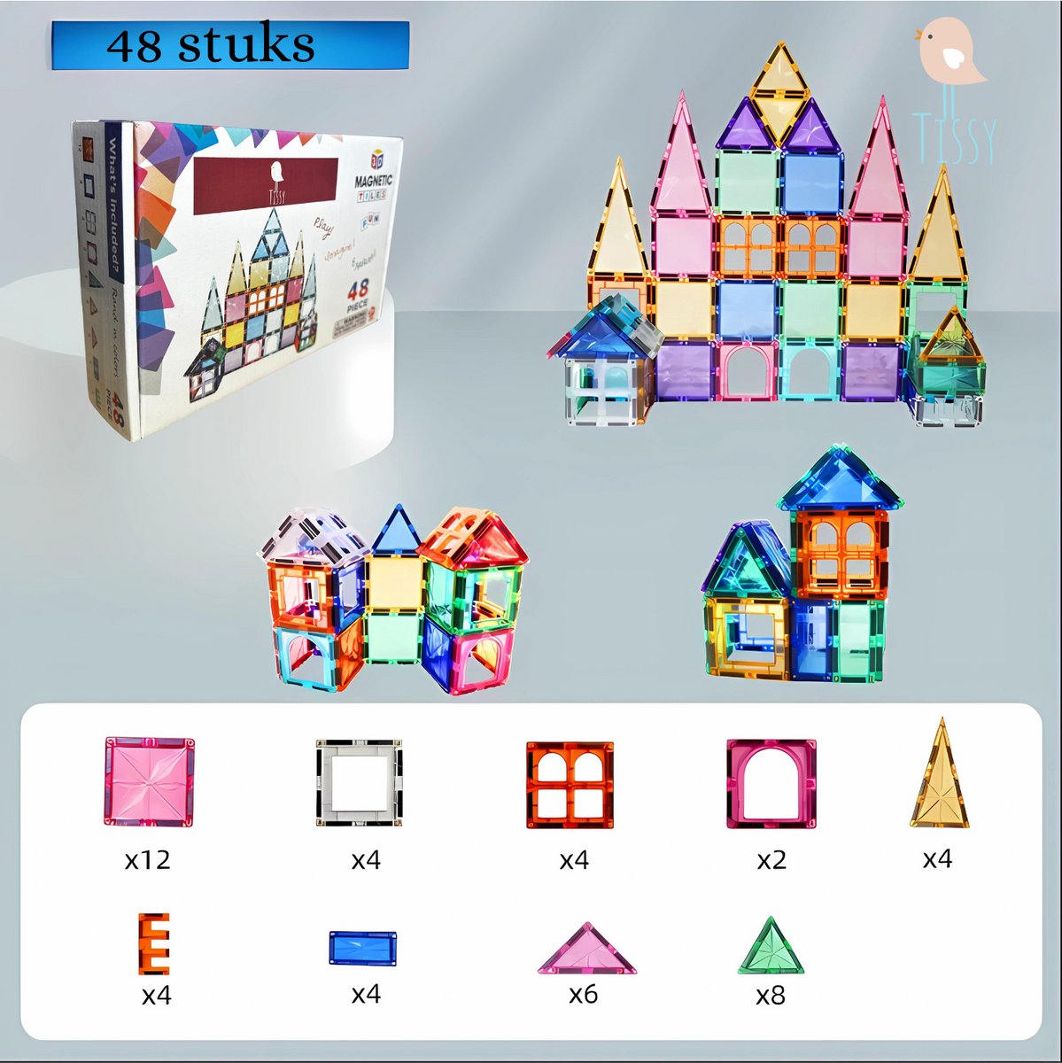 Tissy® - Magnetisch Speelgoed - Magnetic Tiles - Bouwspeelgoed - 48 Stuks - Bouwblokken - Magna Minds - Magneten Speelgoed - Magnetische Tegels - Bouwstenen - Montessori Speelgoed - Educatief Speelgoed - Jongens & Meisjes - Cadeau - Sinterklaas