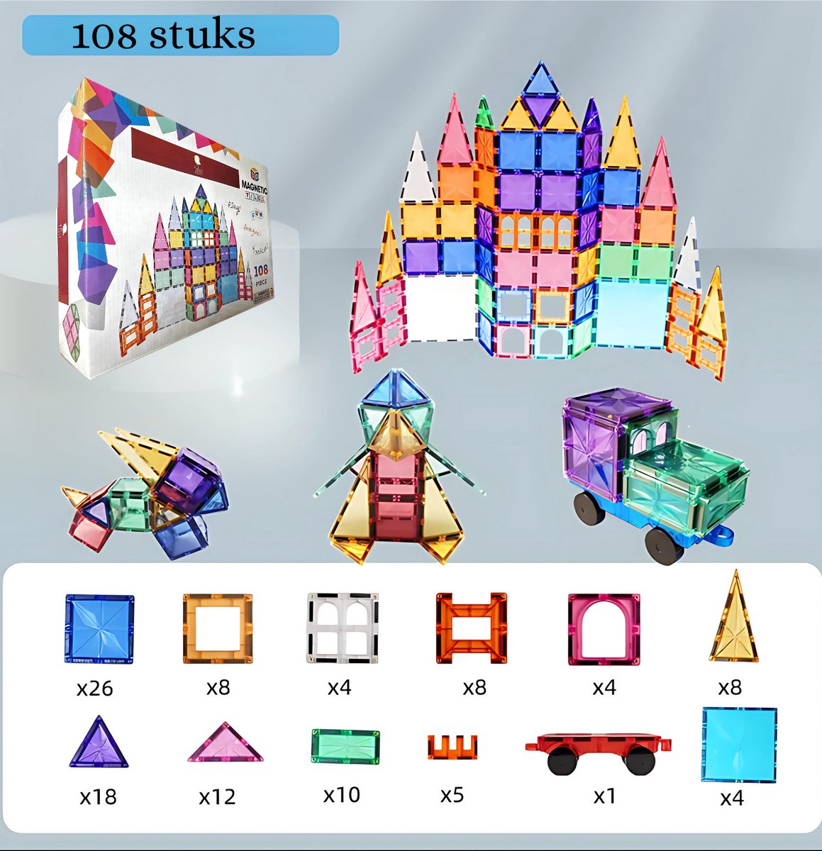 Tissy® - Magnetisch Speelgoed – 108 stuks - Constructie speelgoed - Magnetische tegels - magna minds - Montessori - speelgoed - Magnetic toys - Magnetische bouwstenen - Speelgoed Kinderen - Magna minds- Magnetic Tiles - Cadeau - Sinterklaas
