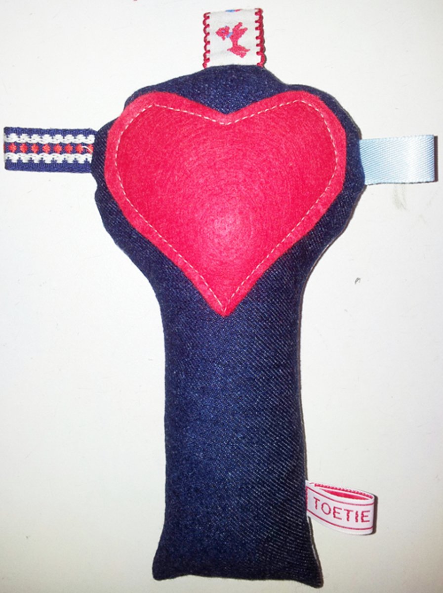 Toetie & Zo Handgemaakte Rammelaar Jeans - Knuffel -  Blauw- Rood - Wit - Speelgoed - Baby - Kind