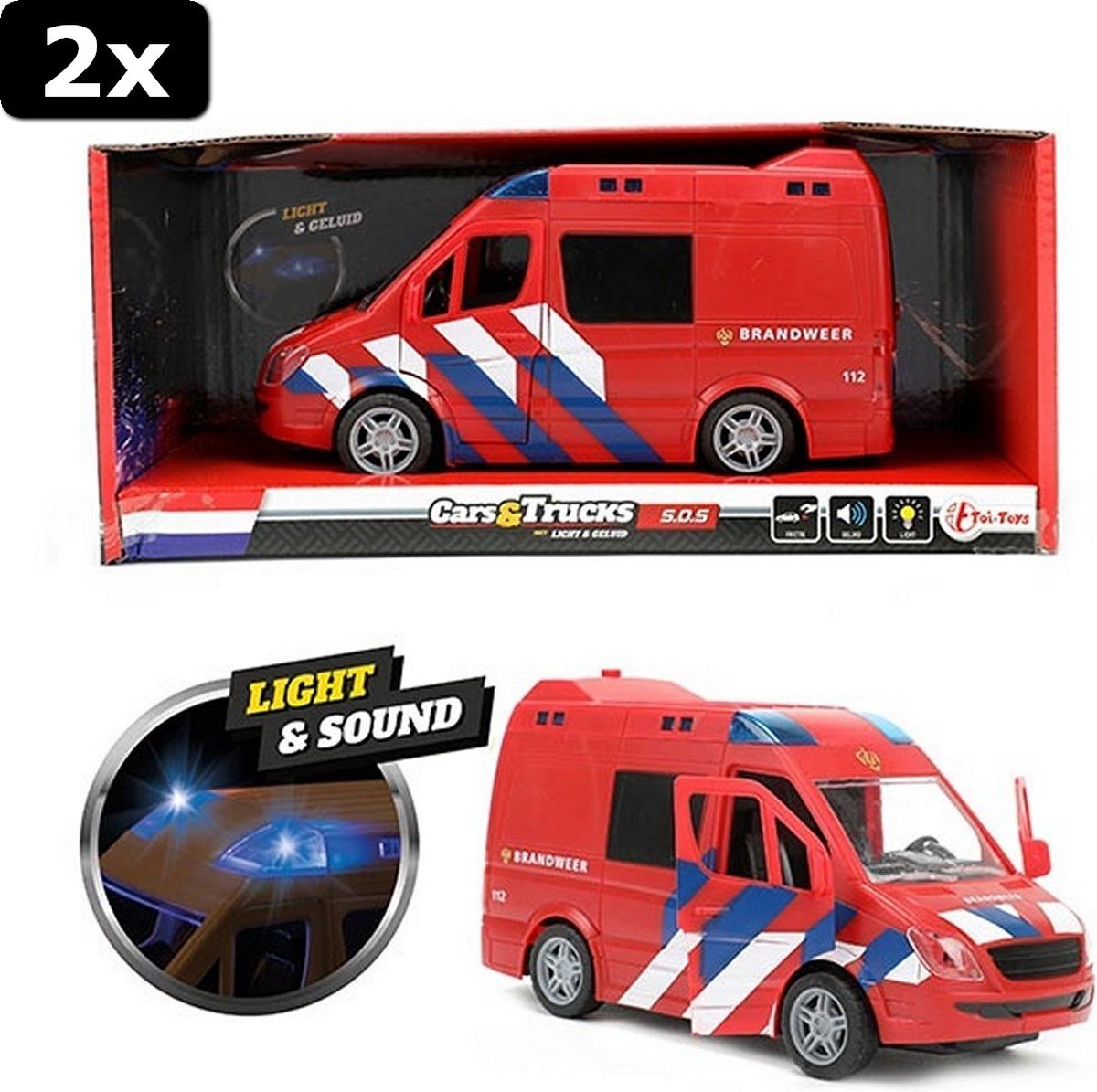 2x Toi-Toys Cars & Trucks Brandweerwagen + Licht + Geluid