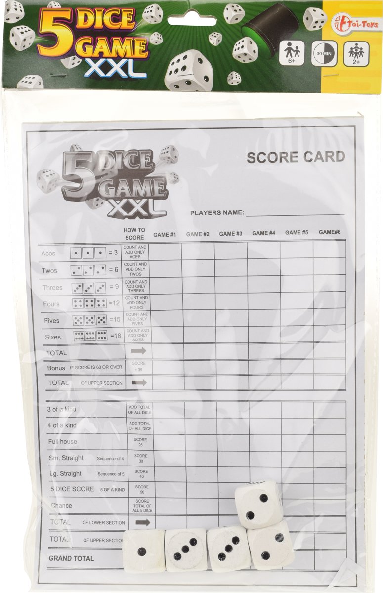 Dobbelspel XXL - 5 Dobbelstenen Met Scoreblok