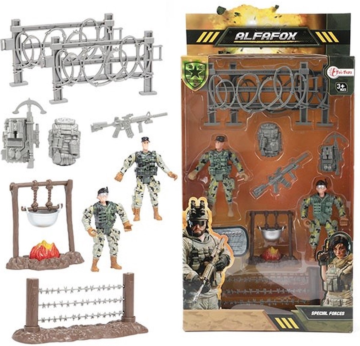 Toi Toys - Speelset Legerset met 2 soldaten-vuur-hekken-schrikdraad-geweer - Soldatenspeelgoed - 10-delig