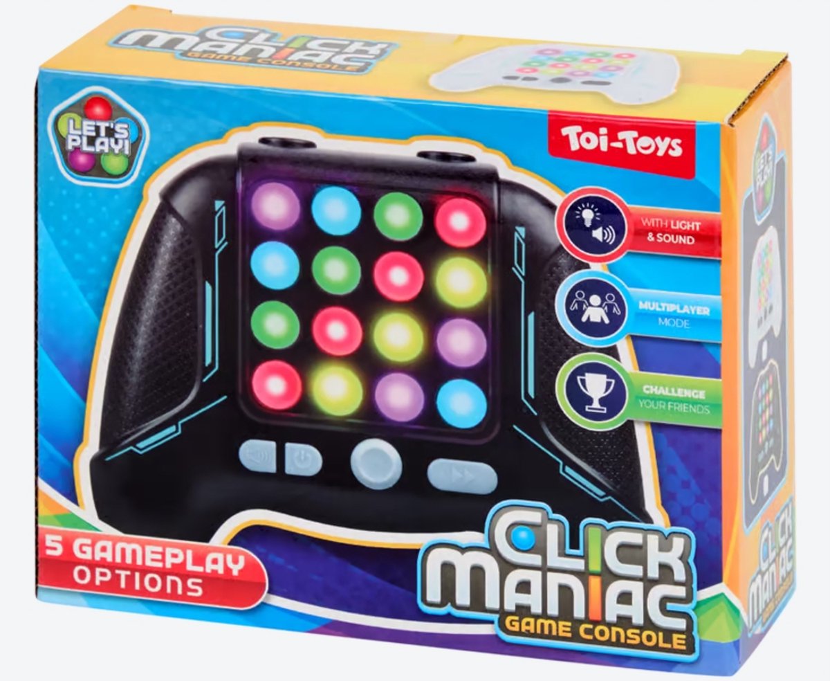 Click Maniac - Game Console - ZWART - Toi-Toys - Fidget - 5 Gameplay Options - Elektronisch Spel - Vanaf 5 Jaar - Voor Jongens En Meisjes - Elektronisch Spel In De Vorm Van Een Game Controller - Met Licht En Geluid - Multiplayer Mode