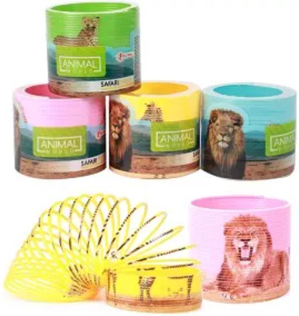 Trapveer - roze - leeuw - wilde dieren safari - loopveer springveer speelgoed traploper rups spring