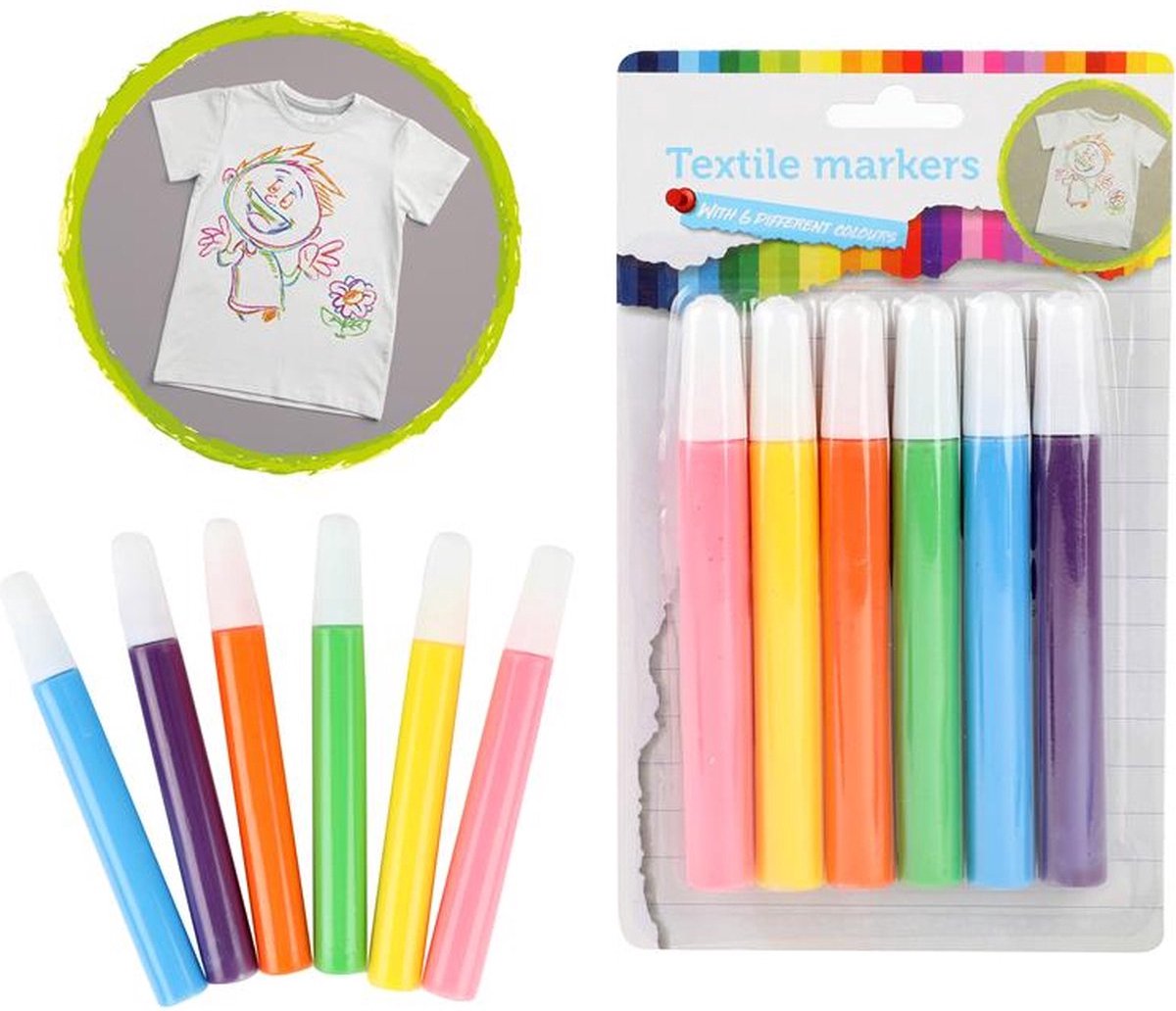 Tropical Textiel Stiften - 6 Stuks - Toi Toys - Textielstiften voor Kinderen - Volwassenen - Kleding Stiften - Marker - Textiel Marker - Kleuren: Roze, Oranje, Blauw en Groen - DIY - Knutselen - Creatief - Kleuren - Kleding Bewerken