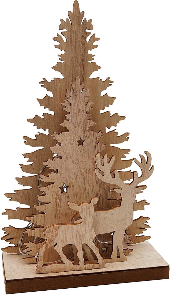 Tom Kerstboom Met Hert Led-decoratie 25 Cm Hout Bruin