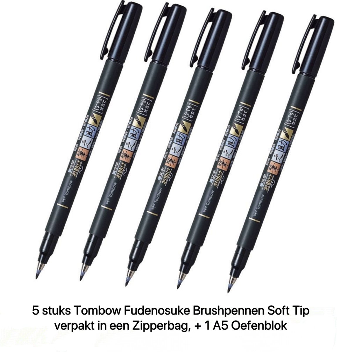 5 stuks Tombow  Fudenosuke Brushpennen Soft Tip,  verpakt in een Zipperbag + 1 x A5 Handlettering/Tekenblok 120 g/m²
