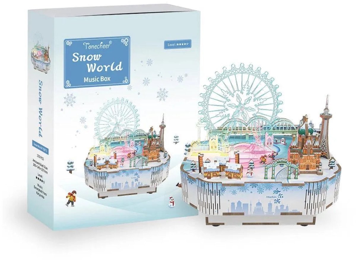 Muziekdoosje DIY 3D Houten Puzzel, Snow World, Tone-Cheer, TQ071, 14x16x15,7cm