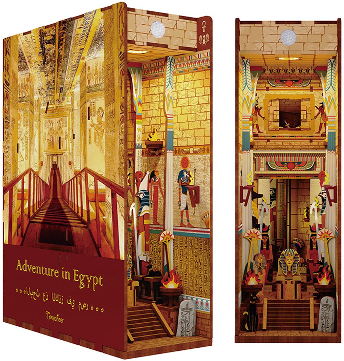 Tonecheer Adventure in Egypt Book Nook Bouwpakket - Modelbouw - 18,2 x 8 x 24,5 cm - DIY Pakket - Houten 3D Puzzel - Boekensteun - LED-licht - Bewegingssensor Licht - Boekenhouder